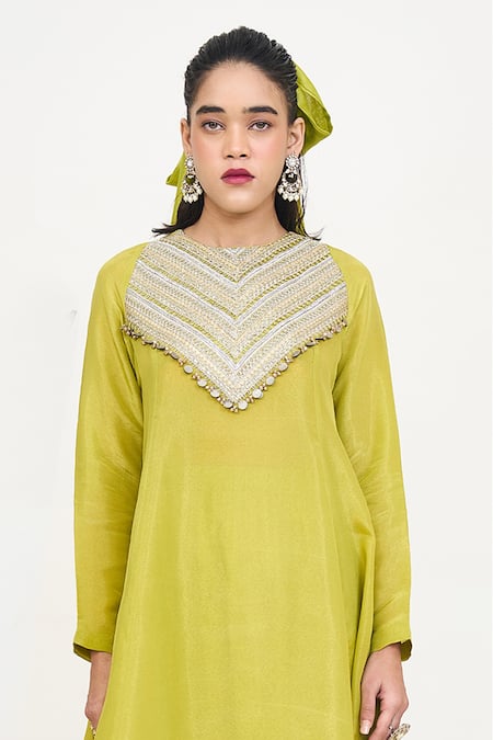 Shop_Rishi and Vibhuti_Green Crepe, Chanderi Silk Lace Round Neck Embroidered Kurta Dhoti Set _Online_at_Aza_Fashions