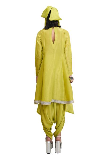 Rishi and Vibhuti_Green Crepe, Chanderi Silk Lace Round Neck Embroidered Kurta Dhoti Set _at_Aza_Fashions