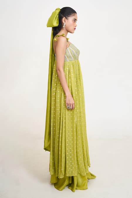 Shop_Rishi and Vibhuti_Green Georgette, Chanderi Silk Tassels Emilie Lace Embroidered Anarkali Pant Set _at_Aza_Fashions