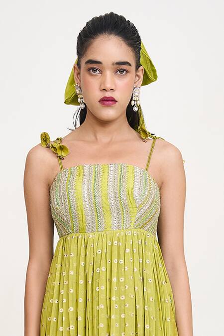 Rishi and Vibhuti_Green Georgette, Chanderi Silk Tassels Emilie Lace Embroidered Anarkali Pant Set _Online_at_Aza_Fashions