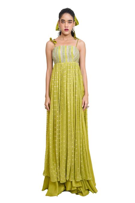 Buy_Rishi and Vibhuti_Green Georgette, Chanderi Silk Tassels Emilie Lace Embroidered Anarkali Pant Set _Online_at_Aza_Fashions