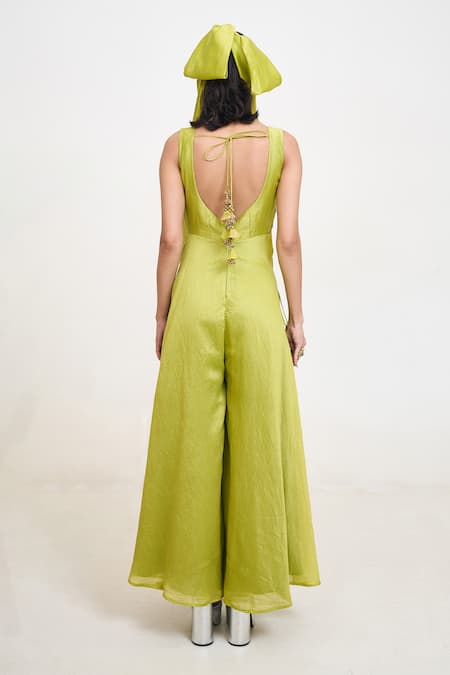 Shop_Rishi and Vibhuti_Green Chanderi Silk Lace, Tassels V-neck Arista Embroidered Jumpsuit _at_Aza_Fashions