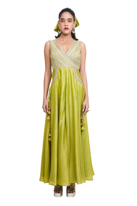 Buy_Rishi and Vibhuti_Green Chanderi Silk Lace, Tassels V-neck Arista Embroidered Jumpsuit _Online_at_Aza_Fashions
