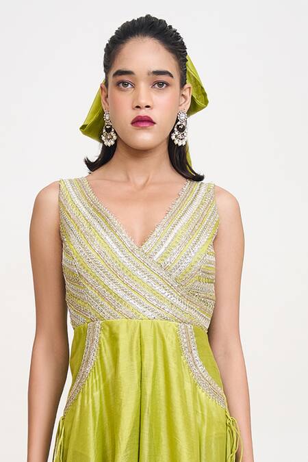 Shop_Rishi and Vibhuti_Green Chanderi Silk Lace, Tassels V-neck Arista Embroidered Jumpsuit _Online_at_Aza_Fashions