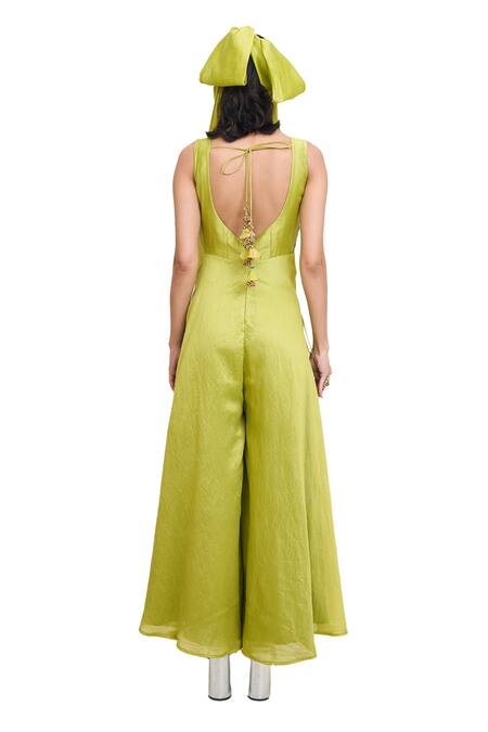 Rishi and Vibhuti_Green Chanderi Silk Lace, Tassels V-neck Arista Embroidered Jumpsuit _at_Aza_Fashions
