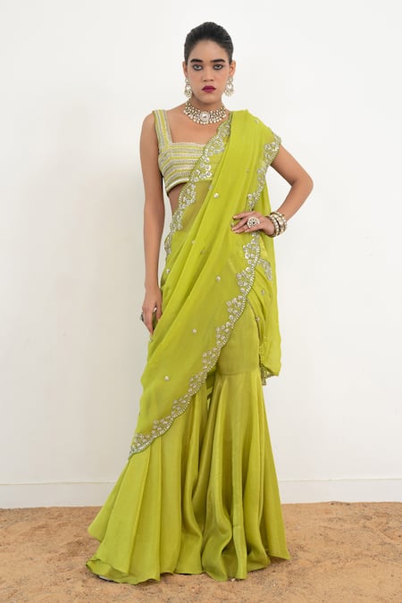 Rishi and Vibhuti Green Organza Silk Embroidered Embar Scallop Hem Sharara Saree With Blouse 