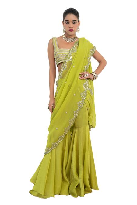 Rishi and Vibhuti Green Lace, Silk, Chanderi Silk, Embar Scallop Hem Sharara Saree With Blouse Online at Aza Fashions Rishi and Vibhuti_Green Lace, Silk, Chanderi Silk, Embar Scallop Hem Sharara Saree With Blouse _Online_at_Aza_Fashions