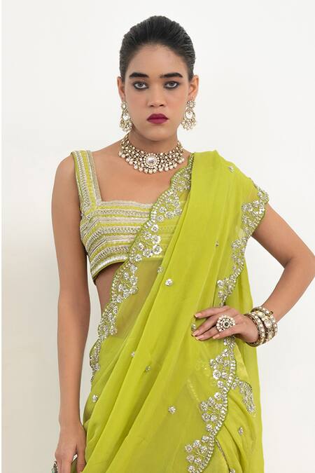 Buy Rishi and Vibhuti Green Lace, Silk, Chanderi Silk, Embar Scallop Hem Sharara Saree With Blouse Online at Aza Fashions Buy_Rishi and Vibhuti_Green Lace, Silk, Chanderi Silk, Embar Scallop Hem Sharara Saree With Blouse _Online_at_Aza_Fashions
