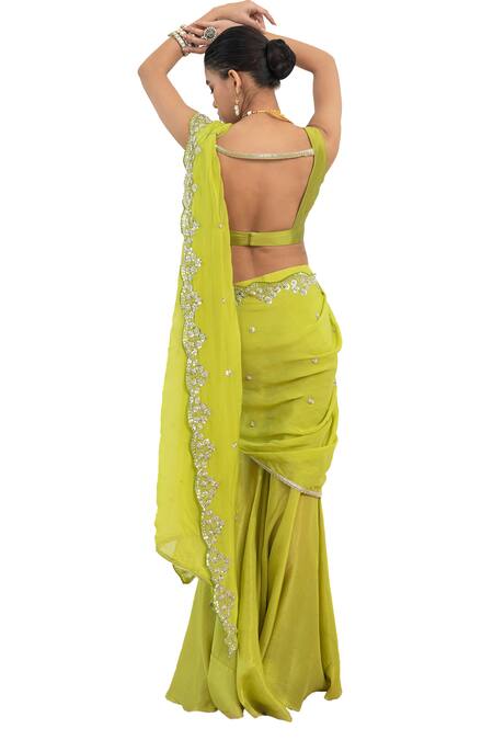 Shop Rishi and Vibhuti Green Lace, Silk, Chanderi Silk, Embar Scallop Hem Sharara Saree With Blouse Online at Aza Fashions Shop_Rishi and Vibhuti_Green Lace, Silk, Chanderi Silk, Embar Scallop Hem Sharara Saree With Blouse _Online_at_Aza_Fashions
