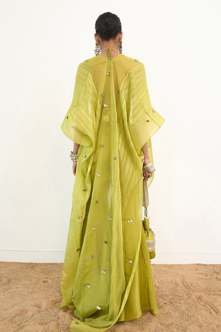 Shop_Rishi and Vibhuti_Green Organza, Taffeta, Chanderi Silk Syreni Embroidered Cape With Gharara Set _at_Aza_Fashions