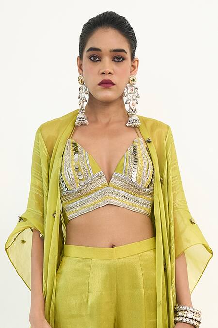 Rishi and Vibhuti_Green Organza, Taffeta, Chanderi Silk Syreni Embroidered Cape With Gharara Set _Online_at_Aza_Fashions