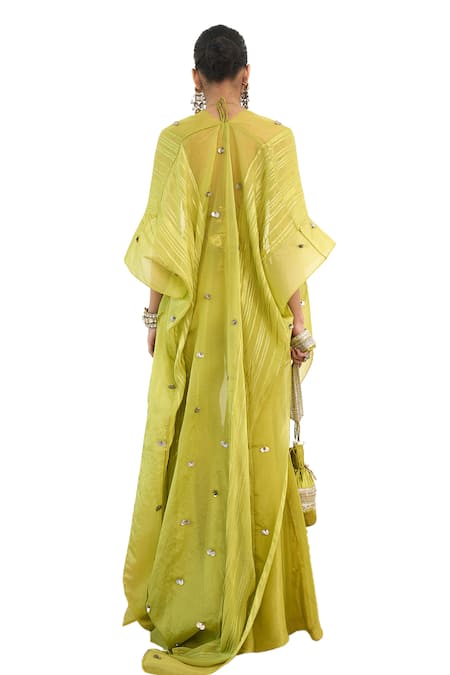 Shop_Rishi and Vibhuti_Green Organza, Taffeta, Chanderi Silk Syreni Embroidered Cape With Gharara Set _Online_at_Aza_Fashions