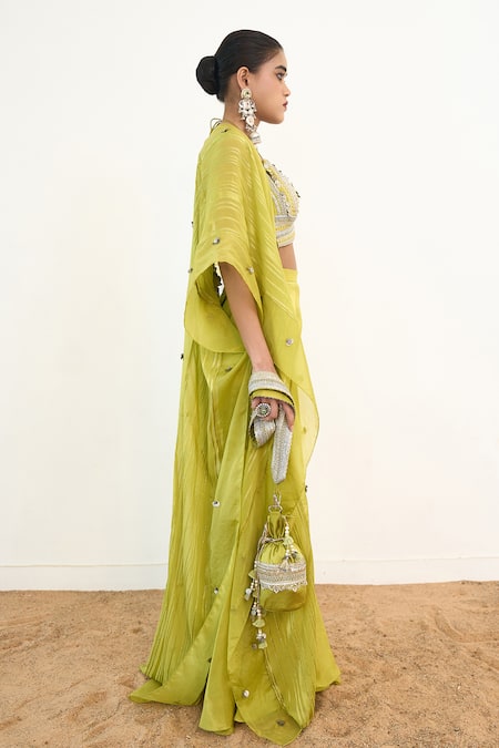 Rishi and Vibhuti_Green Organza, Taffeta, Chanderi Silk Syreni Embroidered Cape With Gharara Set _at_Aza_Fashions