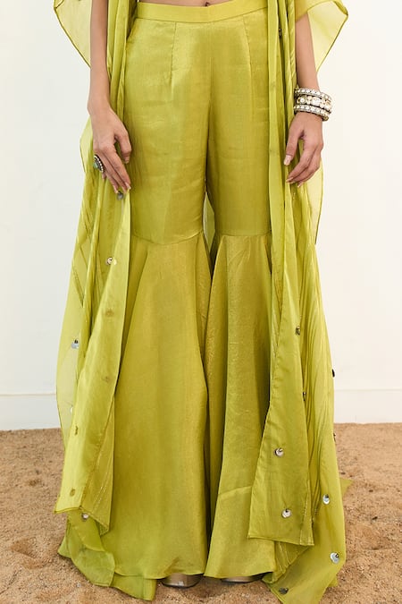 Buy_Rishi and Vibhuti_Green Organza, Taffeta, Chanderi Silk Syreni Embroidered Cape With Gharara Set 