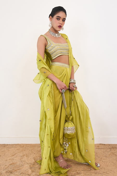 Rishi and Vibhuti Green Crepe Embroidered Sequin Bustier Aelin Cape With Draped Skirt Set 