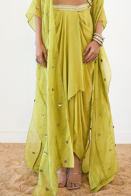 Buy Rishi and Vibhuti Green Organza, Crepe, Chanderi Aelin Embroidered Cape With Draped Skirt Set Online at Aza Fashions Buy_Rishi and Vibhuti_Green Organza, Crepe, Chanderi Aelin Embroidered Cape With Draped Skirt Set _Online_at_Aza_Fashions
