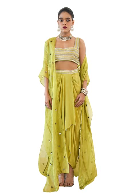 Shop Rishi and Vibhuti Green Organza, Crepe, Chanderi Aelin Embroidered Cape With Draped Skirt Set Online at Aza Fashions Shop_Rishi and Vibhuti_Green Organza, Crepe, Chanderi Aelin Embroidered Cape With Draped Skirt Set _Online_at_Aza_Fashions