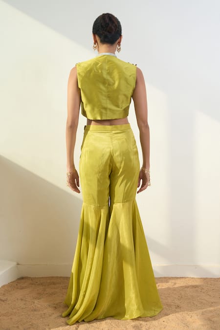 Shop_Rishi and Vibhuti_Green Taffeta Sequins, Lace Open Taysa Embroidered Jacket With Gharara Set _at_Aza_Fashions