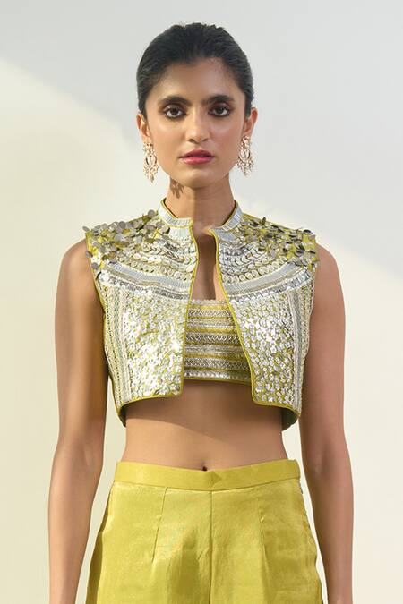 Rishi and Vibhuti_Green Taffeta Sequins, Lace Open Taysa Embroidered Jacket With Gharara Set _Online_at_Aza_Fashions