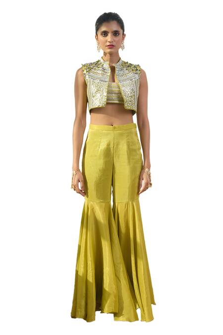 Buy_Rishi and Vibhuti_Green Taffeta Sequins, Lace Open Taysa Embroidered Jacket With Gharara Set _Online_at_Aza_Fashions