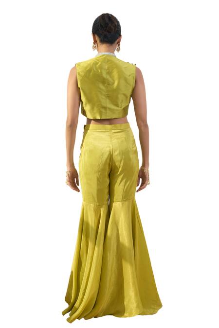 Rishi and Vibhuti_Green Taffeta Sequins, Lace Open Taysa Embroidered Jacket With Gharara Set _at_Aza_Fashions