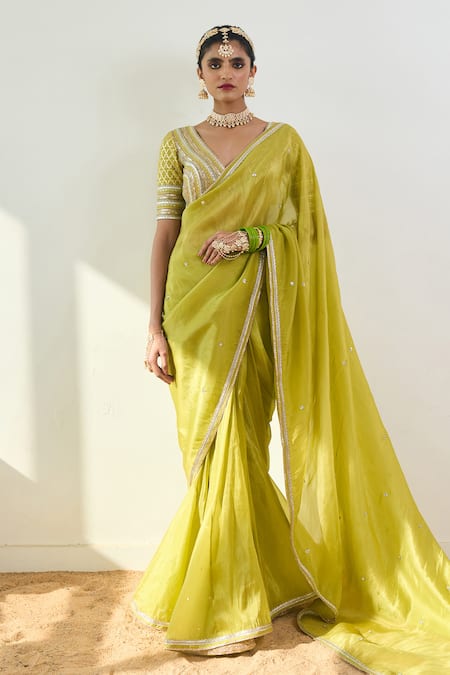 Rishi and Vibhuti Green Chanderi Embroidered Lace V Neck Elyse Sequin Saree With Blouse 