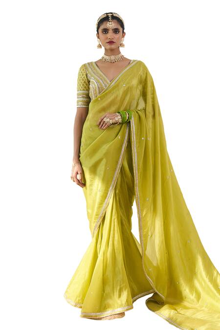 Rishi and Vibhuti_Green Organza, Chanderi Silk, Lace Sequins, Elyse Embroidered Saree With Blouse _Online_at_Aza_Fashions