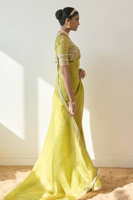 Buy_Rishi and Vibhuti_Green Organza, Chanderi Silk, Lace Sequins, Elyse Embroidered Saree With Blouse _Online_at_Aza_Fashions