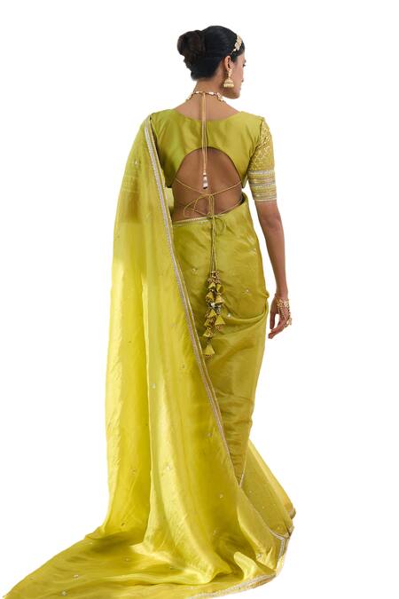 Shop_Rishi and Vibhuti_Green Organza, Chanderi Silk, Lace Sequins, Elyse Embroidered Saree With Blouse _Online_at_Aza_Fashions