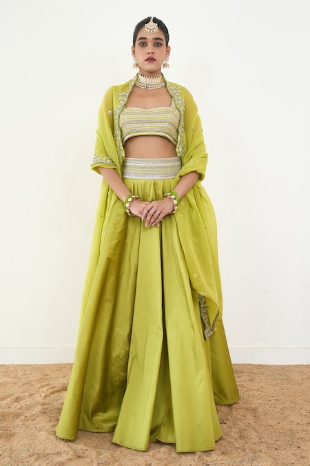 Rishi and Vibhuti Green Taffeta Embroidered Lace Square Tauriel Lehenga Blouse Set 