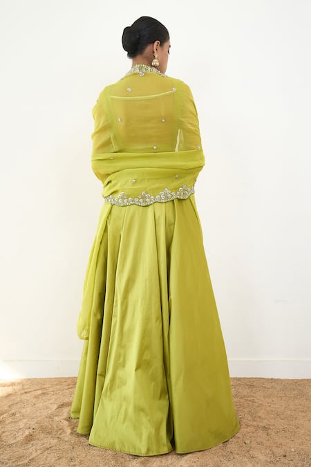 Shop_Rishi and Vibhuti_Green Organza, Silk, Taffeta Pearls, Tauriel Lace Embroidered Lehenga Blouse Set _at_Aza_Fashions