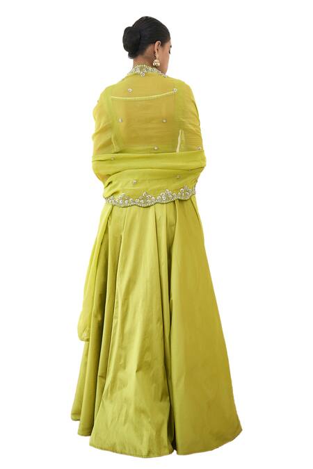 Rishi and Vibhuti_Green Organza, Silk, Taffeta Pearls, Tauriel Lace Embroidered Lehenga Blouse Set _Online_at_Aza_Fashions