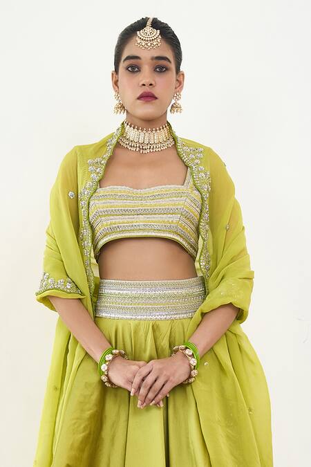Buy_Rishi and Vibhuti_Green Organza, Silk, Taffeta Pearls, Tauriel Lace Embroidered Lehenga Blouse Set _Online_at_Aza_Fashions