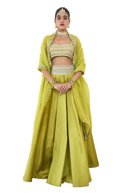 Shop_Rishi and Vibhuti_Green Organza, Silk, Taffeta Pearls, Tauriel Lace Embroidered Lehenga Blouse Set _Online_at_Aza_Fashions