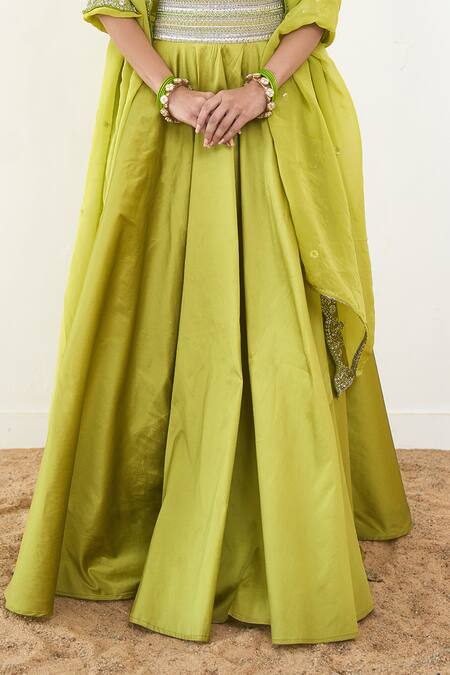 Rishi and Vibhuti_Green Organza, Silk, Taffeta Pearls, Tauriel Lace Embroidered Lehenga Blouse Set _at_Aza_Fashions