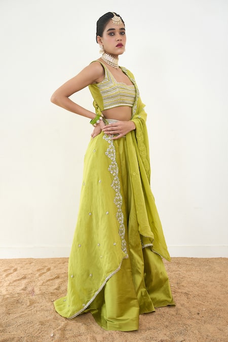Buy_Rishi and Vibhuti_Green Organza, Silk, Taffeta Pearls, Tauriel Lace Embroidered Lehenga Blouse Set 
