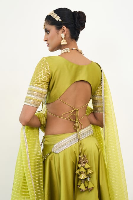 Shop_Rishi and Vibhuti_Green Georgette, Chanderi Silk Sequins, Aveline Embroidered Lehenga Blouse Set _at_Aza_Fashions