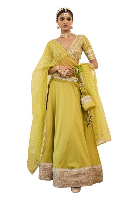 Rishi and Vibhuti_Green Georgette, Chanderi Silk Sequins, Aveline Embroidered Lehenga Blouse Set _Online_at_Aza_Fashions