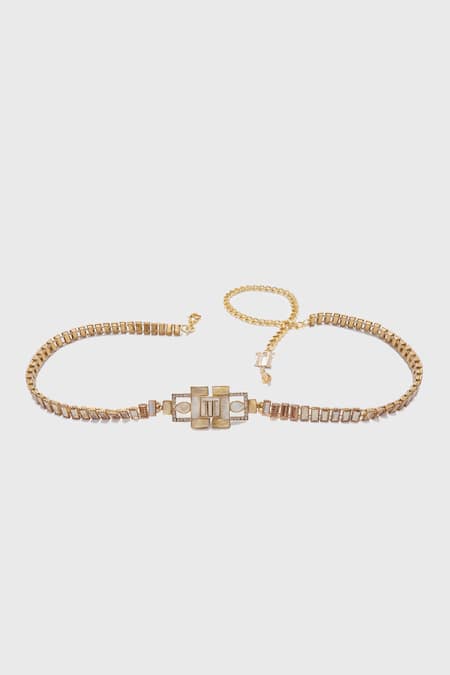 Shop_Tarun Tahiliani_Gold Poth Tt Monogram Stone Embellished Belt _at_Aza_Fashions