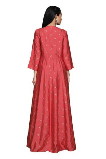 Vishwa By Pinki Sinha Coral Silk Tassels V-neck Rose Pattern Woven Angarkha Online at Aza Fashions Vishwa By Pinki Sinha_Coral Silk Tassels V-neck Rose Pattern Woven Angarkha_Online_at_Aza_Fashions