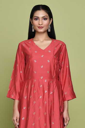 Buy Vishwa By Pinki Sinha Coral Silk Tassels V-neck Rose Pattern Woven Angarkha Online at Aza Fashions Buy_Vishwa By Pinki Sinha_Coral Silk Tassels V-neck Rose Pattern Woven Angarkha_Online_at_Aza_Fashions