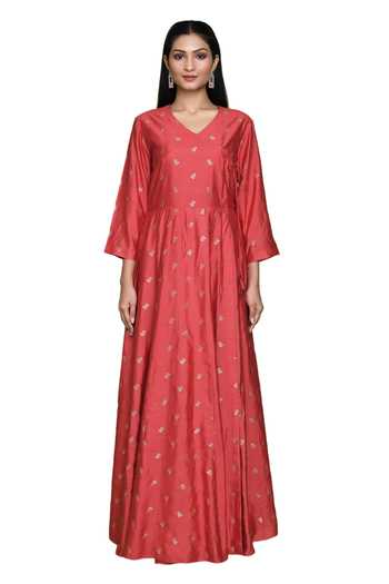 Shop Vishwa By Pinki Sinha Coral Silk Tassels V-neck Rose Pattern Woven Angarkha Online at Aza Fashions Shop_Vishwa By Pinki Sinha_Coral Silk Tassels V-neck Rose Pattern Woven Angarkha_Online_at_Aza_Fashions