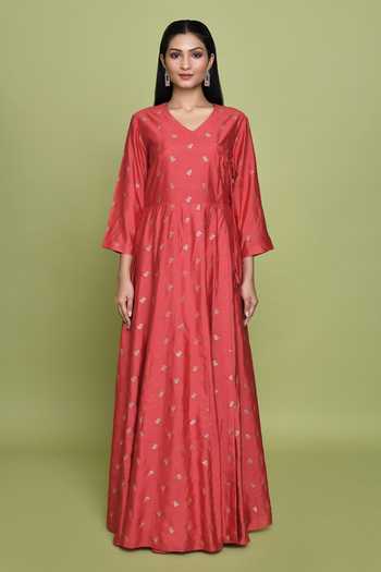 Vishwa By Pinki Sinha Coral Silk Tassels V-neck Rose Pattern Woven Angarkha at Aza Fashions Vishwa By Pinki Sinha_Coral Silk Tassels V-neck Rose Pattern Woven Angarkha_at_Aza_Fashions