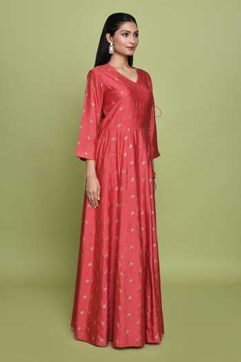 Shop Vishwa By Pinki Sinha Coral Silk Tassels V-neck Rose Pattern Woven Angarkha Shop_Vishwa By Pinki Sinha_Coral Silk Tassels V-neck Rose Pattern Woven Angarkha
