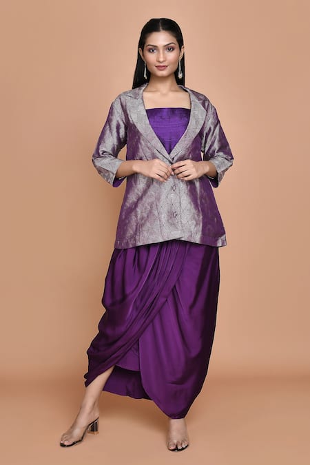 Pinki Sinha Purple Silk Woven Triangular Blazer Notched Jacket With Draped Dhoti Skirt Set