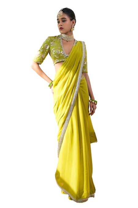 Rishi and Vibhuti_Green Georgette Sequins, Pearls, Lace Soraya Embroidered Saree With Blouse _Online_at_Aza_Fashions