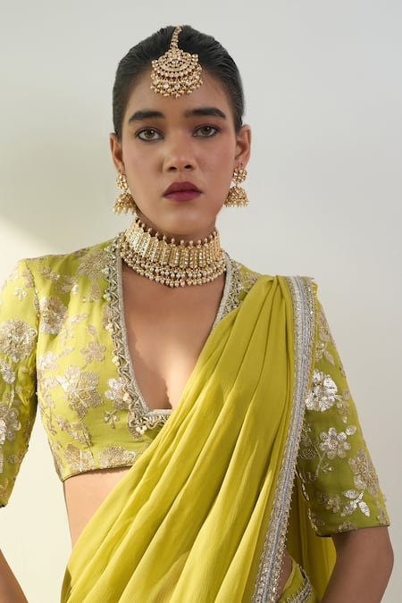 Buy_Rishi and Vibhuti_Green Georgette Sequins, Pearls, Lace Soraya Embroidered Saree With Blouse _Online_at_Aza_Fashions