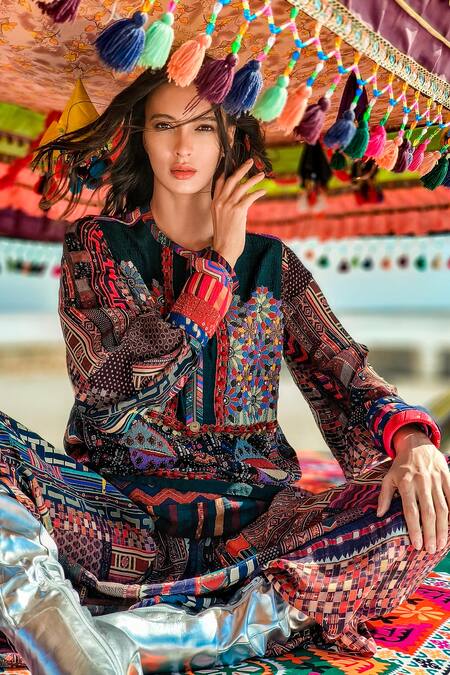 Buy_Aseem Kapoor_Multi Color Velvet, Muslin Embroidery Round Neck Mehru Bead Dress 