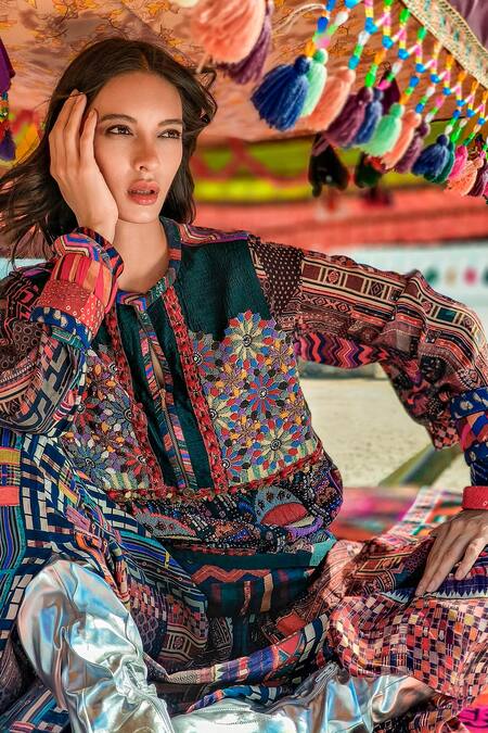 Shop_Aseem Kapoor_Multi Color Velvet, Muslin Embroidery Round Neck Mehru Bead Dress 