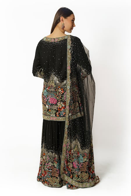 Shop Rabani & Rakha Black Net, Georgette Pearls, Sequins, Cut Resham Straight Kurta Gharara Set at Aza Fashions Shop_Rabani & Rakha_Black Net, Georgette Pearls, Sequins, Cut Resham Straight Kurta Gharara Set _at_Aza_Fashions